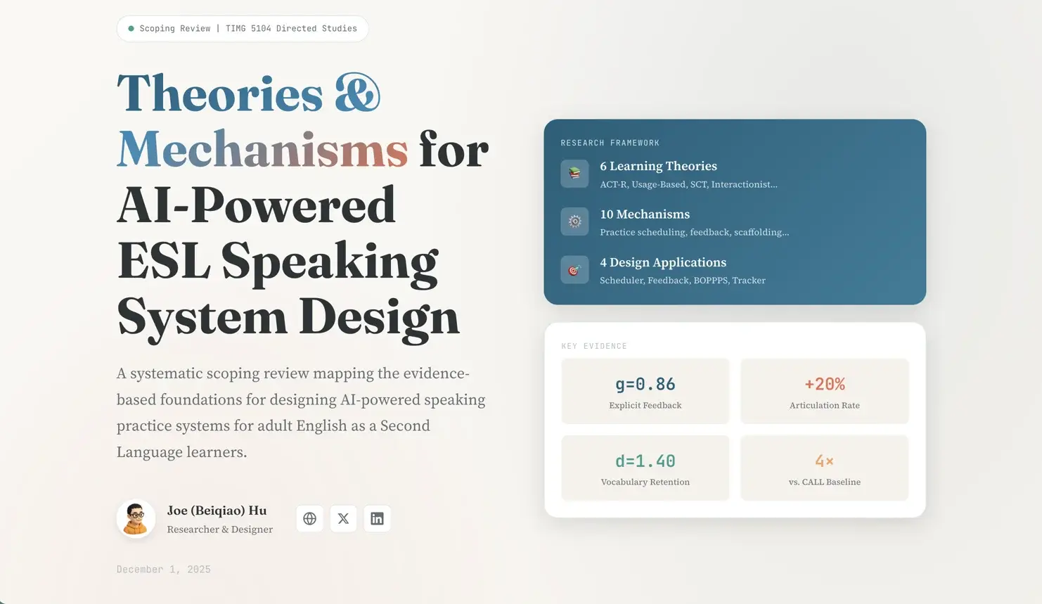 Visual summary of the scoping review for the AI-powered ESL speaking system design research.